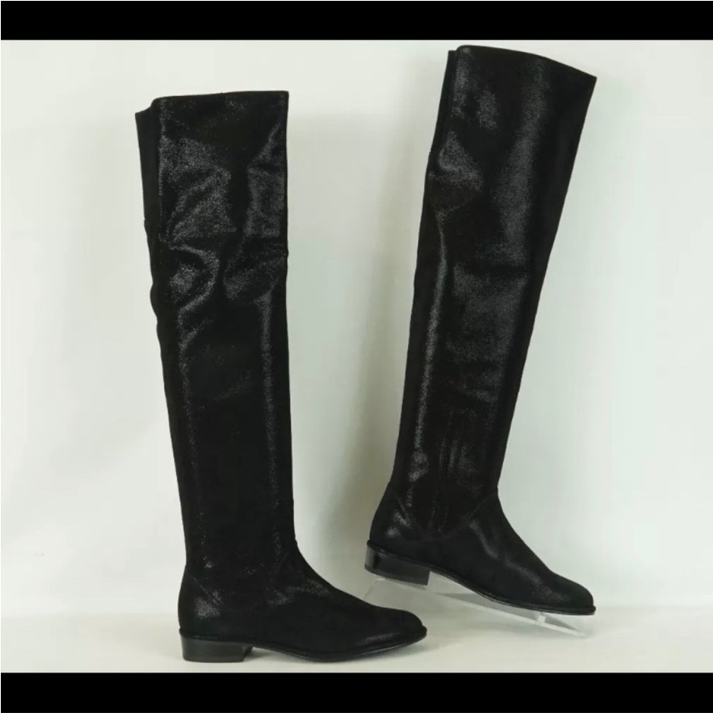 • Stuart Weitzman • Zealot Knee High Shimmer Black Suede Leather Boots 37